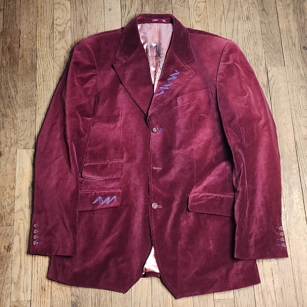 Cranberry Burgundy Red Velvet Suit Jacket Blazer 42 L… Gem